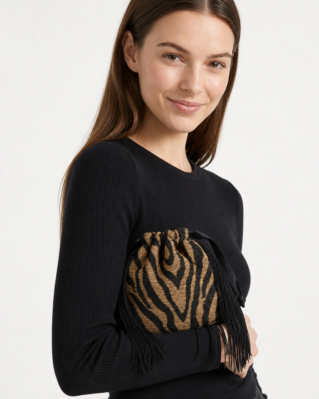 Le Pouch Mini - Classic Tigre with Black Chaînette Fringe